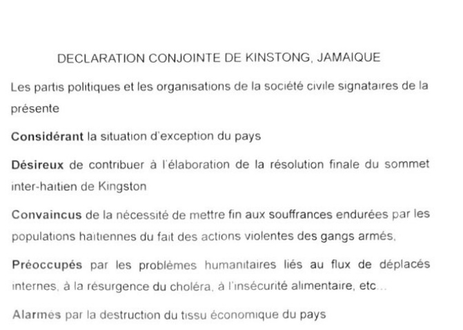 DECLARATION CONJOINTE DE KINSTONG, JAMAIQUE
