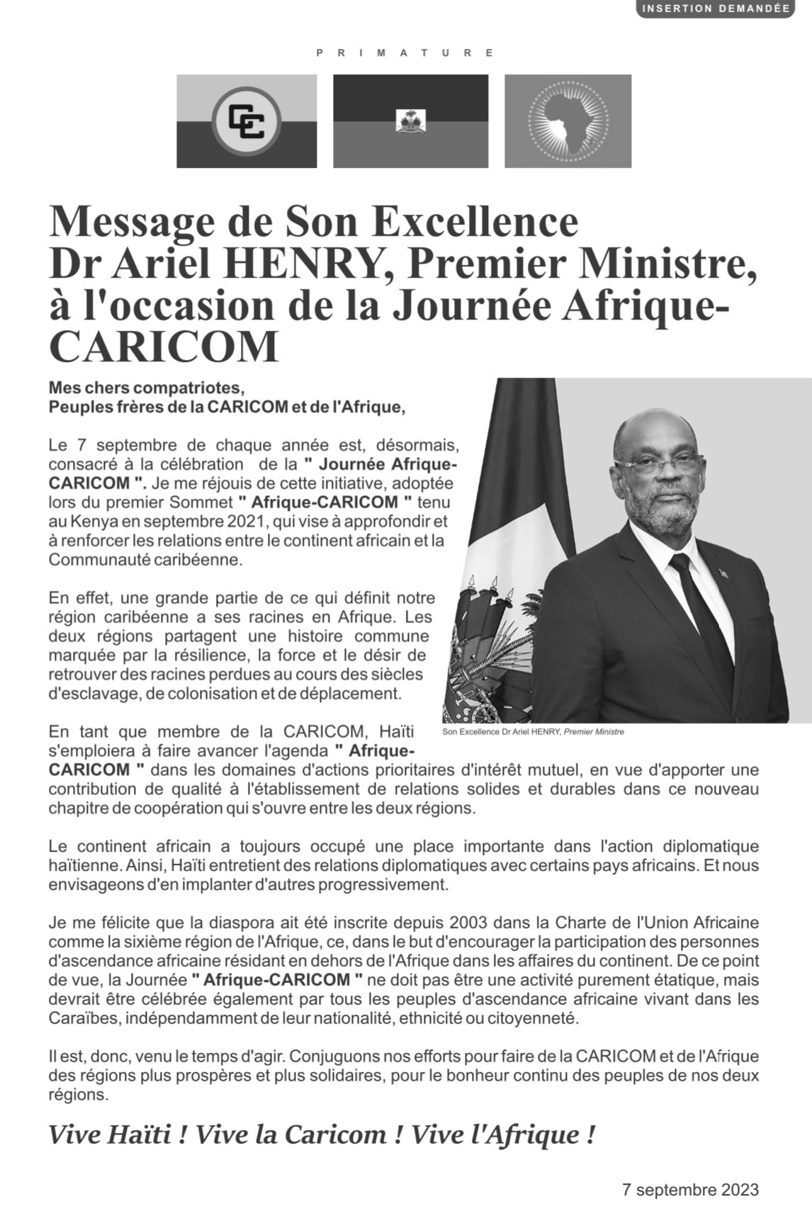 Message de Son Excellence Dr Ariel HENRY, Premier Ministre, à l’occasion de la Journée Afrique-CARICOM <br>7 septembre 2023